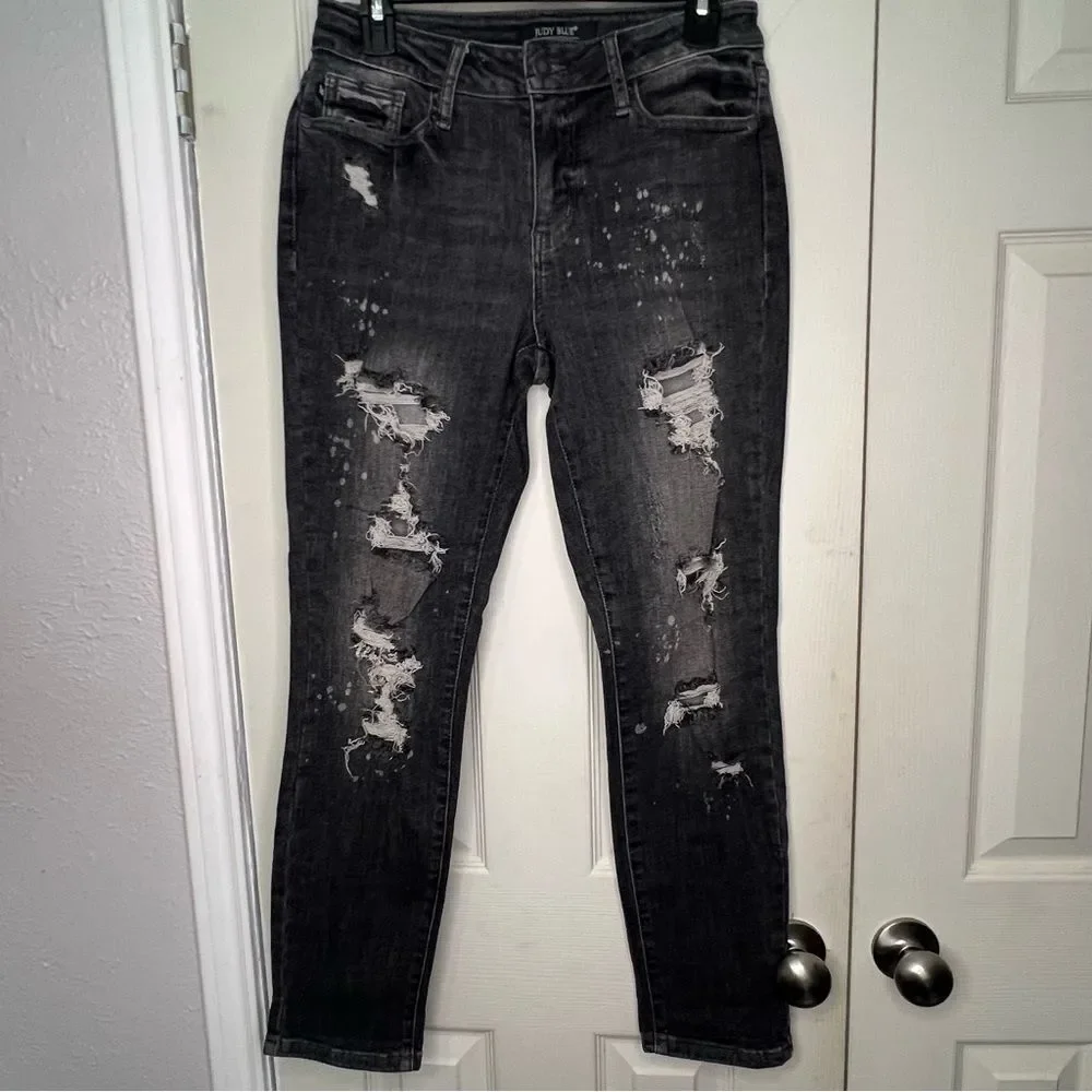 Judy Blue Boyfriend Fit Light BlackWash Distressed Paint Speckle Jeans Sz 5/27 - Picture 2 of 12